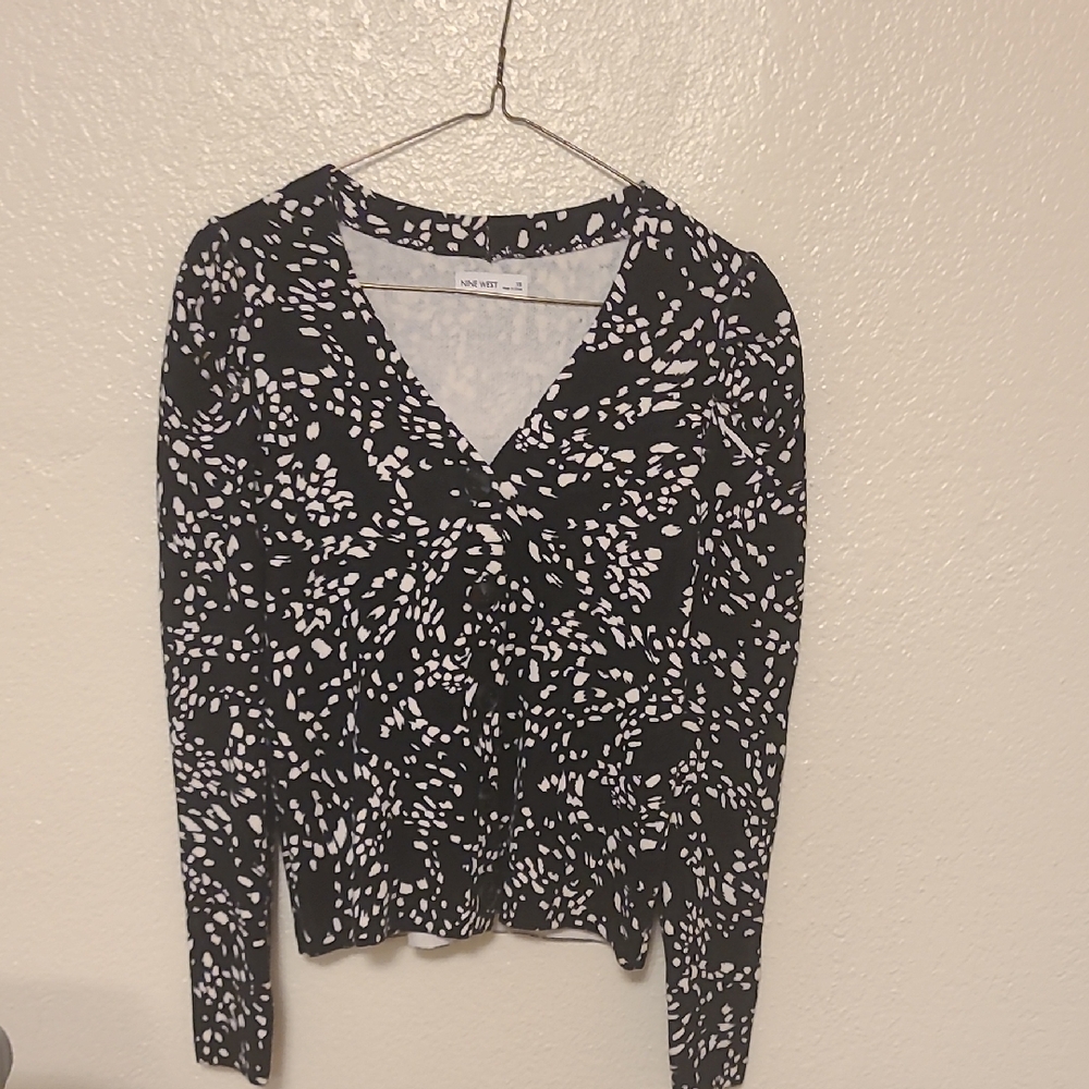 Nine West Black and White Patterned Long Sleeve Cardigan